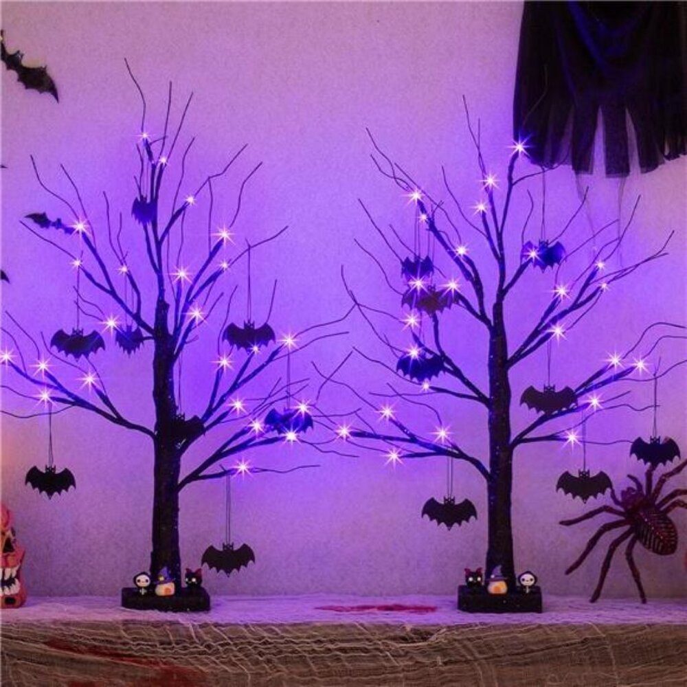 New 2 Pack Halloween Decorations, 2FT Black Halloween Tree with 24 Purple Lights